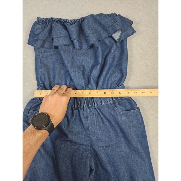 Gold Drama Girl's Sz M VTG Y2k Chambray Elastic Waist Strapless Jumpsuit - Picture 8 of 13